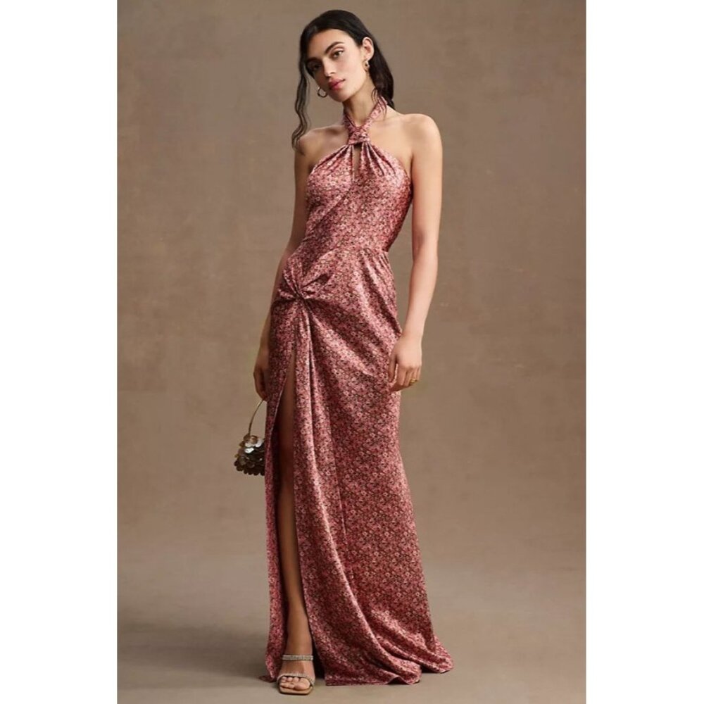 Ronny Kobo Womens Samra Satin Twist Halter Column Gown Open Back Floral Size M